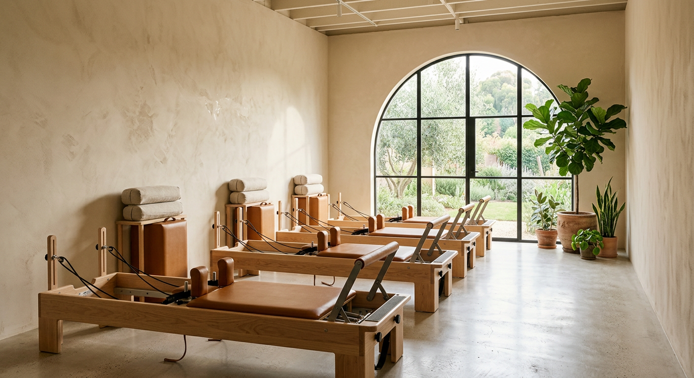 Ahşap reformer aletlerinin bulunduğu aydınlık Pilates stüdyosu